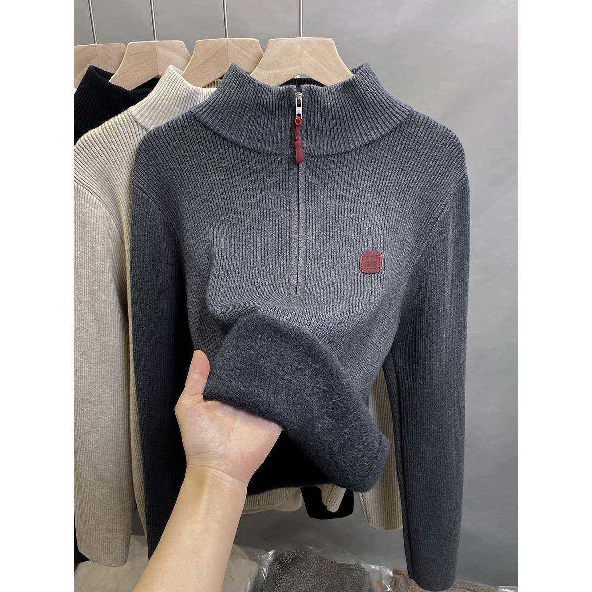 体天鹅绒连拉炼高半领针UHP织女式羊毛2衬里厚底衬衫204秋冬新款