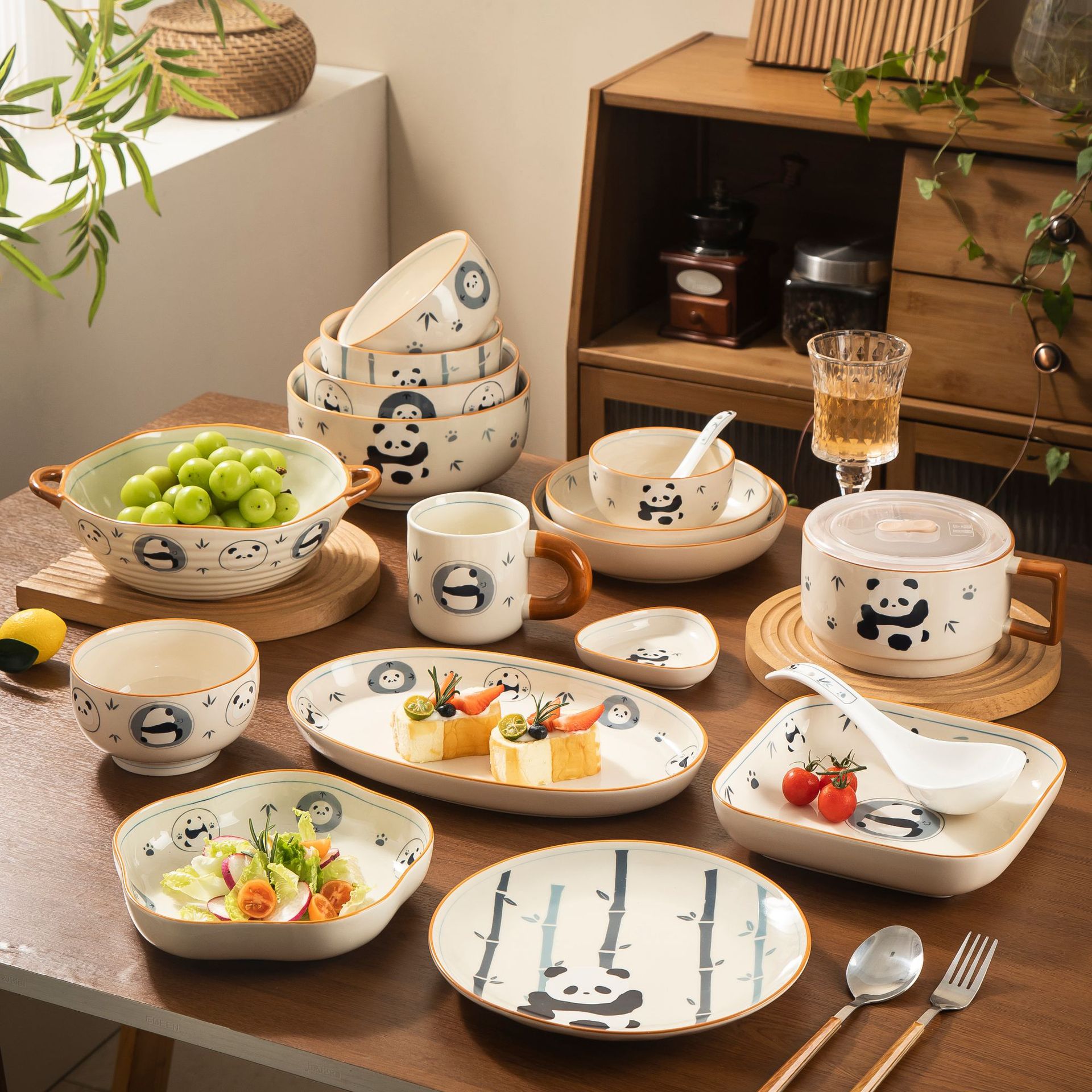 复古青花熊猫陶瓷餐具创意礼品耐西餐餐具套装