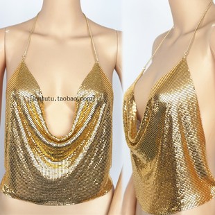 闪亮性感露脐背带抹胸金属亮片背心 挂脖系带U领露背吊带衫