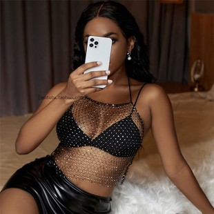 吊带衫 挂脖露肩网眼嵌钻短款 金属吊带背心 性感网格闪钻女装