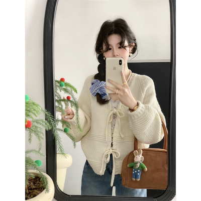 韩系早秋穿搭米白色灯笼袖绑带毛衣外套小个子温柔甜美风针织开衫