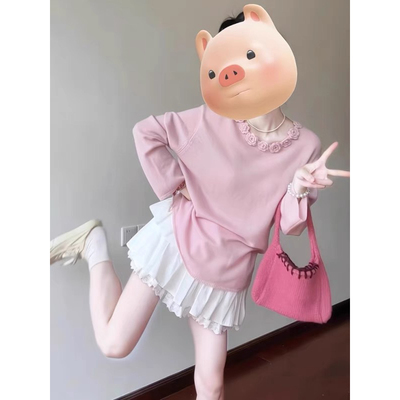 韩系粉色立体花朵长袖针织衫女装新款慵懒风温柔甜美两件套装裙子