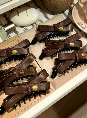 酷飒氛围感棕色皮质金标蝴蝶结香蕉夹高马尾香蕉夹盘发扭扭夹横夹