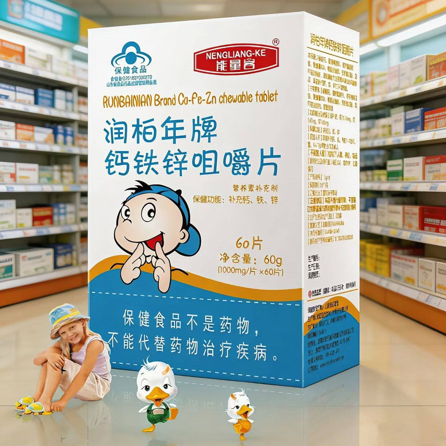 润柏年牌钙铁锌咀嚼片儿童青少年补钙补铁补锌能量客
