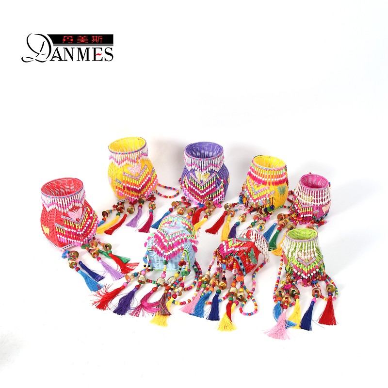 2023年新款儿童双肩背篓彩色双v形流苏背篼舞台表演道具旅游工艺