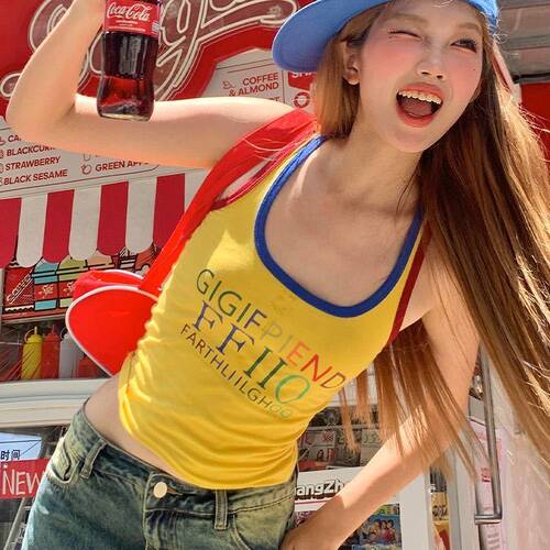 L3323#美式街头辣妹复古小吊带女带胸垫字母印花修身显瘦短款上衣