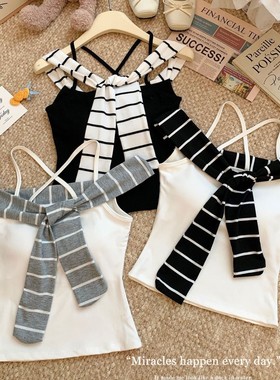 66035#新款人棉假两件条纹披肩吊带背心自带胸垫两穿短款上衣女