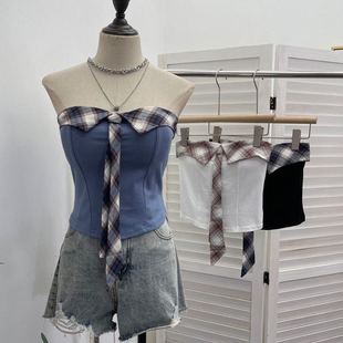 33037#拼接格纹绑带蝴蝶结吊带韩系设计感短款上衣女潮