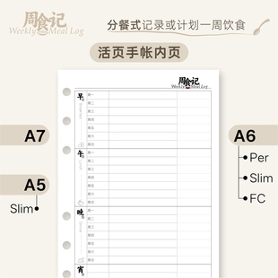 一日三餐记录a6奇葩内页一周饮食手帐A7内页A5活页笔记本替换纸