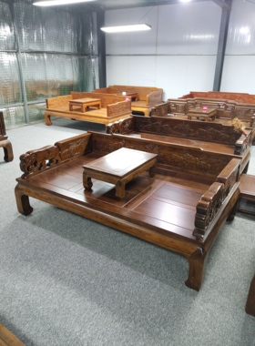 新中式罗汉床实木老榆木家具雕刻禅意简约仿古沙发床美人榻结实