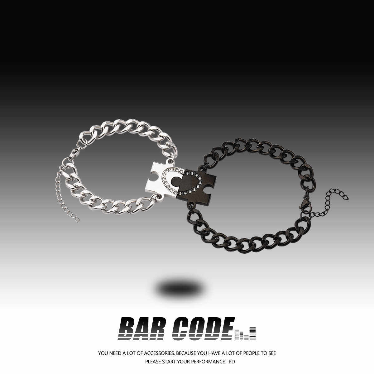 BAR CODE 拼图镶钻爱心情侣手链一对款小众简约高级感首饰品男女