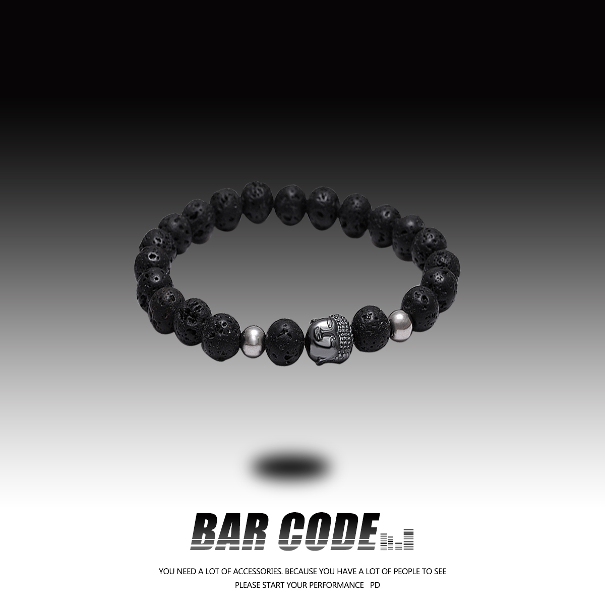 barcode 治愈黑色火山石玛瑙串珠手链男士个性复古手串女生首饰品