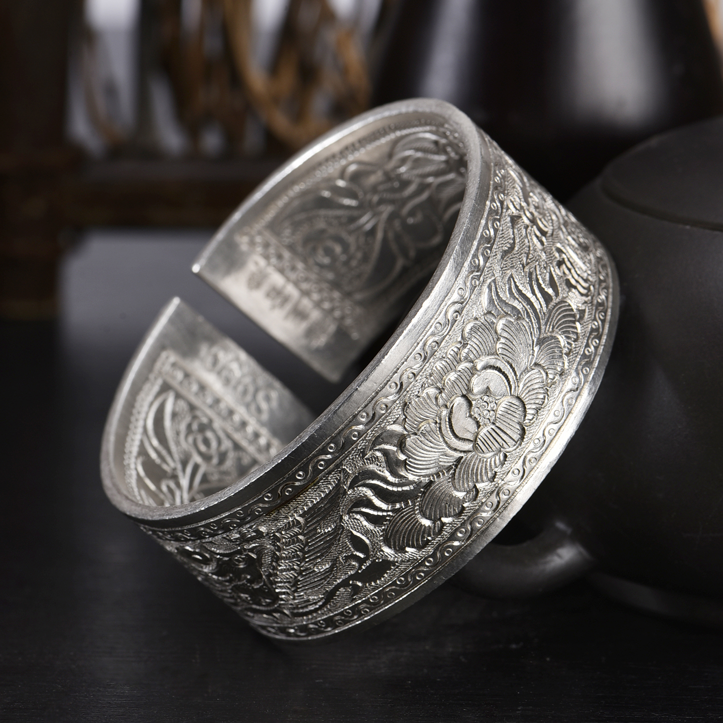 原创银镯手工定制订做999纯真女士成人首饰品宽面版复古扁旧龙凤