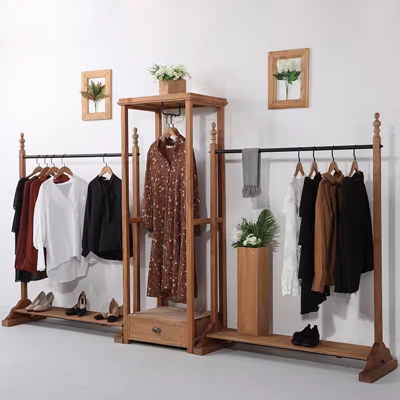 复古实木铁艺中岛衣架服装展示架