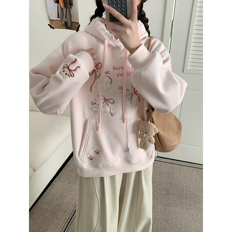 粉色温柔刺绣猫咪蕾丝连帽卫衣女秋冬季加绒加厚宽松休闲上衣外套