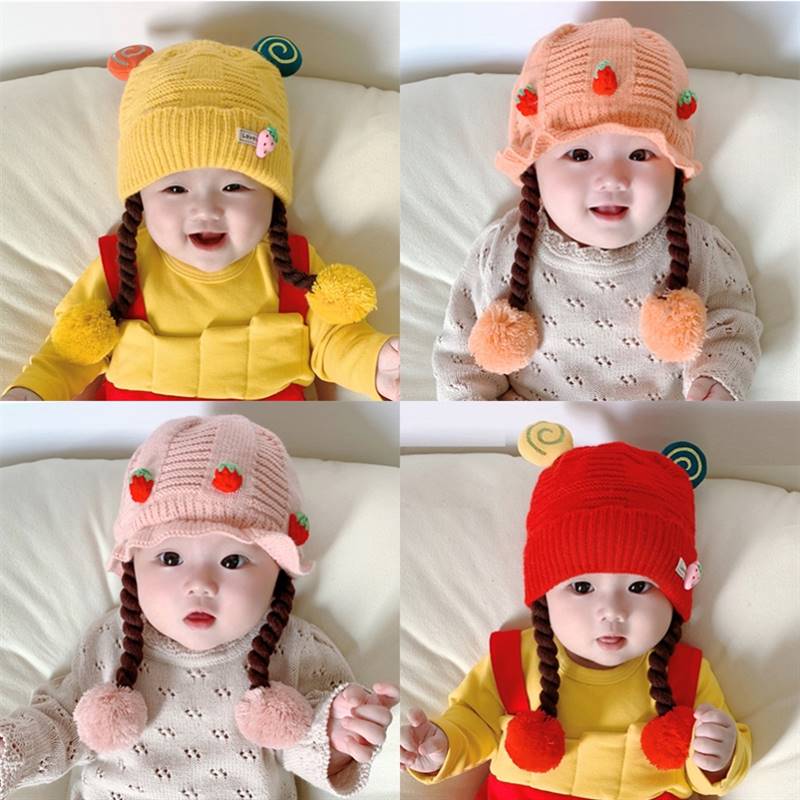 新疆包邮婴儿假发帽小月龄女宝宝毛线帽子假发一体辫子帽婴幼儿冬