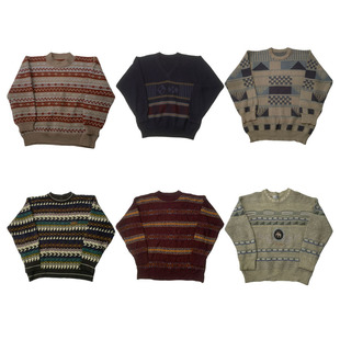 古着vintage复古日系宽松撞色波普图案毛衣针织衫 男女秋冬H172