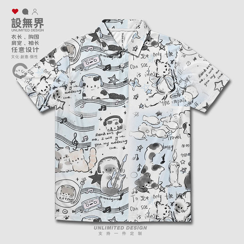 可爱日系猫咪音乐家涂速干polo衫