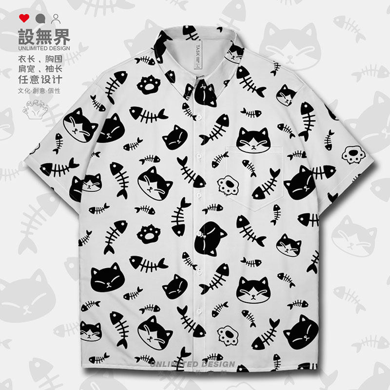 日系chic猫咪小鱼手绘涂短袖衬衫