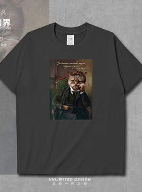 契诃夫俄国文学小说作家猫版创意短袖T恤男女夏季体恤0014设 无界