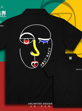 抽象简笔画圆脸图案韩复古线条文艺翻领polo衫男女INS上衣设 无界