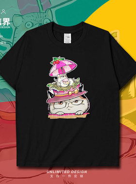 日系小清新水彩插画猫咪印花休闲学生男女短袖T恤夏潮0005设 无界