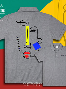 抽象简笔画托腮图案英文欧美简约自然街头翻领polo衫男女设 无界