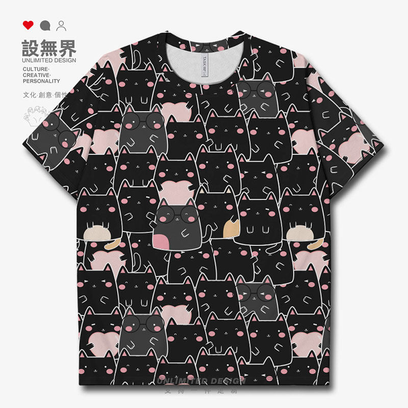 日系原宿风猫咪涂鸦痞帅速干T恤