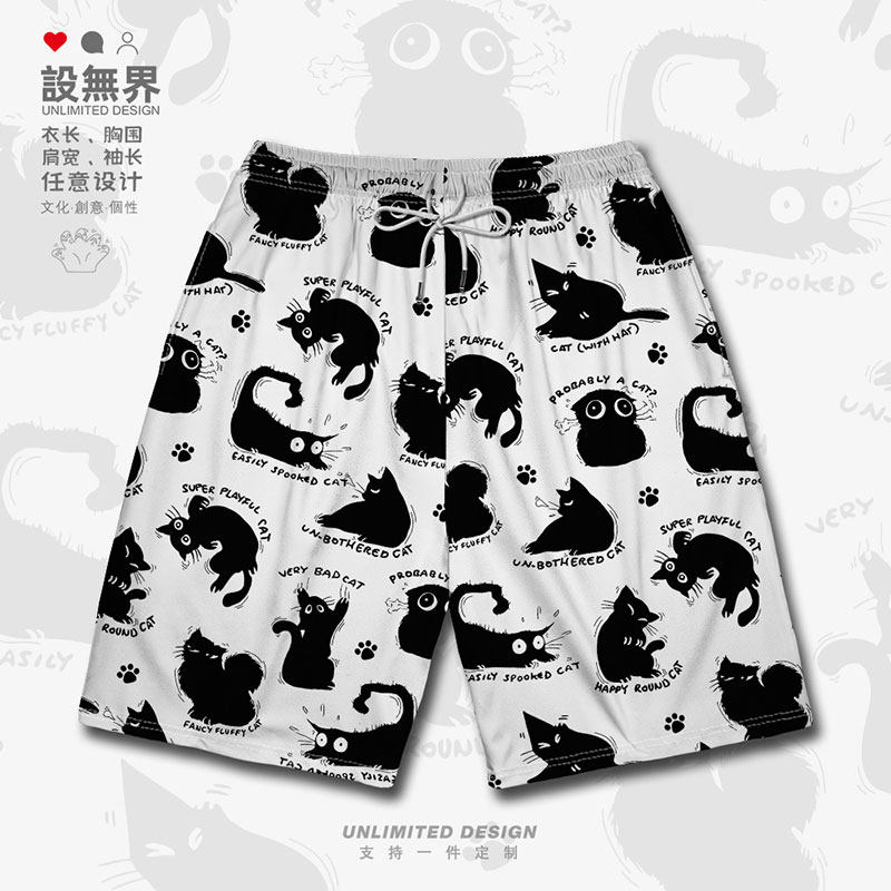 超萌手绘小黑猫猫咪搞怪涂鸦大码