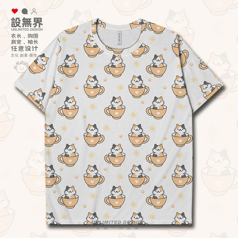 日系chic可爱茶杯爱心猫速干T恤