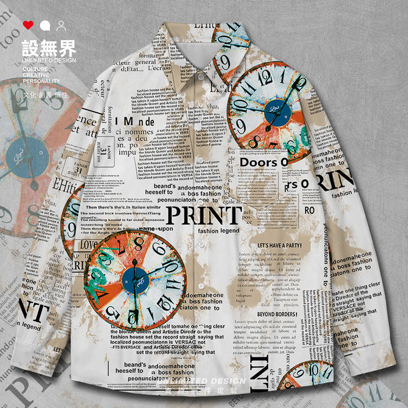 欧美复古怀旧海报旧报纸长袖衬衫