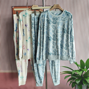 欧美订单薄绒款卡通印花圆领长袖睡衣家居服套装保暖