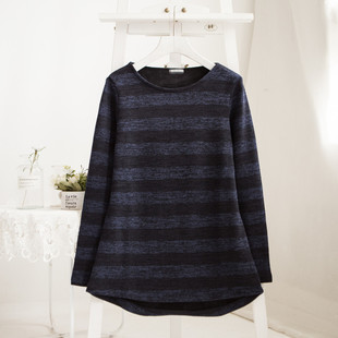 出口日本 秋冬新 加绒衫保暖衫长袖衫圆领条纹森林系T恤打底外穿