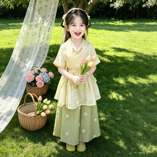 女童汉服中国风夏季改良版宋制套装小女孩新中式系带民族风采茶服
