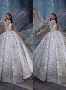 Luxury Wedding Dress Sparkly Sequin Beaded Halter Ball Gown