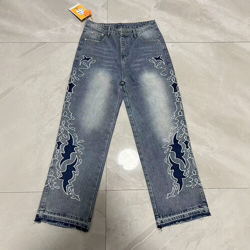 Men's Printed Denim Pants Loose Fit Straight Leg trousers