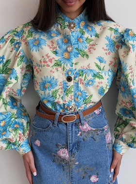 Bubble sleeve cardigan top欧美蓝色花卉立领泡泡袖开衫上衣女