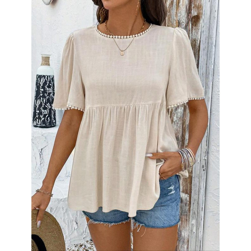 short sleeves Ruffle Crew Neck Women's Blouse 圆领短袖女衬衣