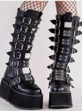Demonia 厚底靴暗黑朋克风重工业y2k女高筒长靴women wedge boots