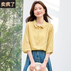 POLO领苎麻短袖衬衫女夏季时尚洋气宽松翻领休闲超火棉麻中袖衬衣