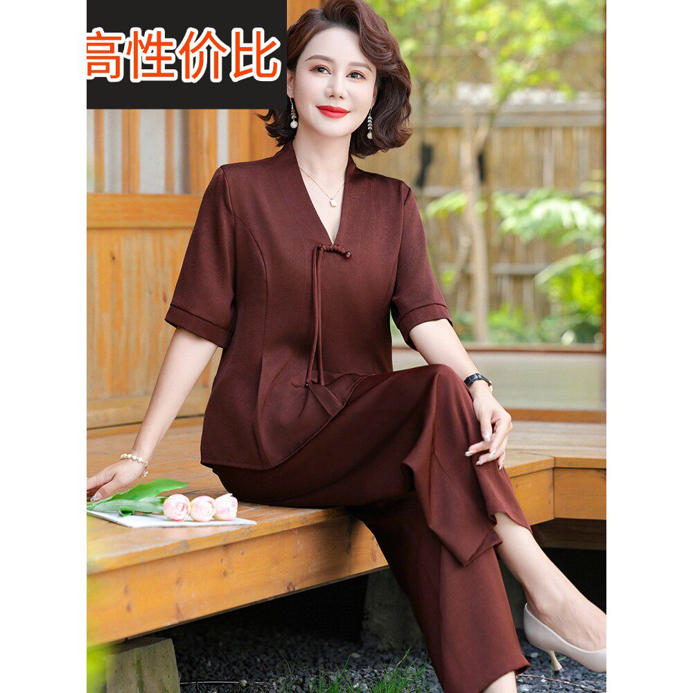 气质中年母亲夏季衬衫女式套头衫短袖民族风格真丝V领纯色上衣套