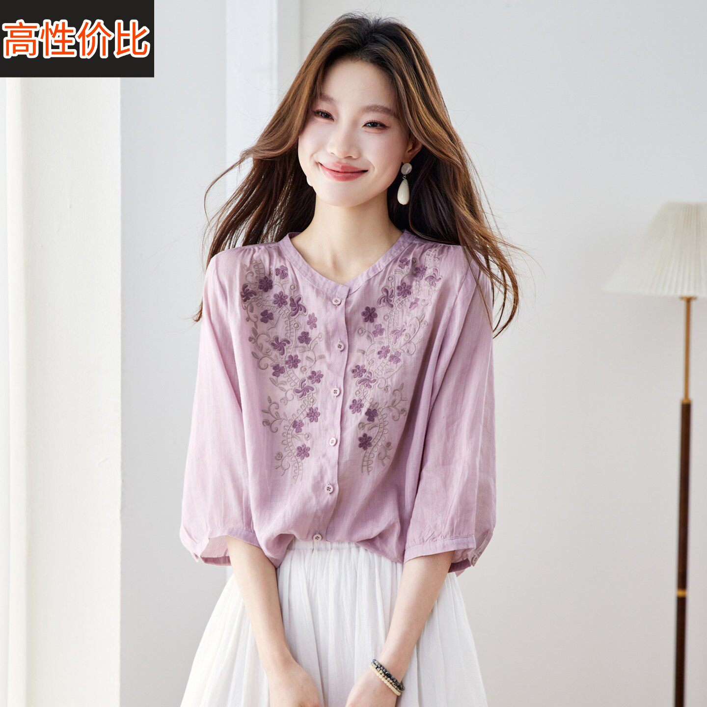 文艺风苎麻刺绣短袖衬衫女夏季2026新款独特巨好看棉麻半袖衬衣女