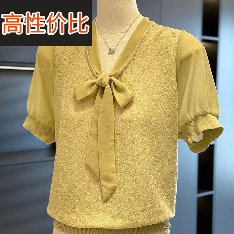 时尚洋派妈妈装拼接针织衫女雪纺夏装新款上衣减龄气质中老年T恤