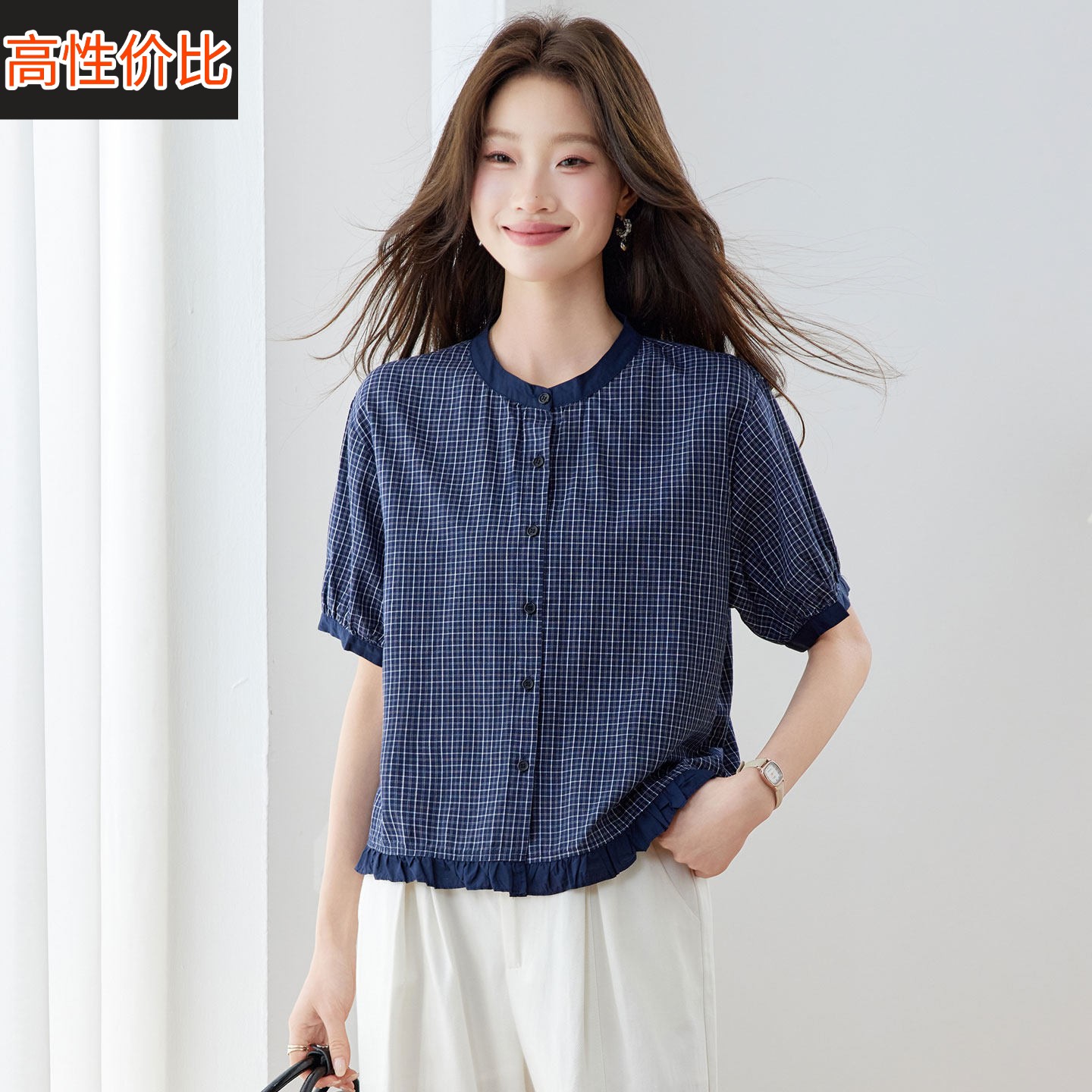 蓝色格子纯棉短袖衬衫女夏季2026新款法式独特绝美小衫巨好看上衣