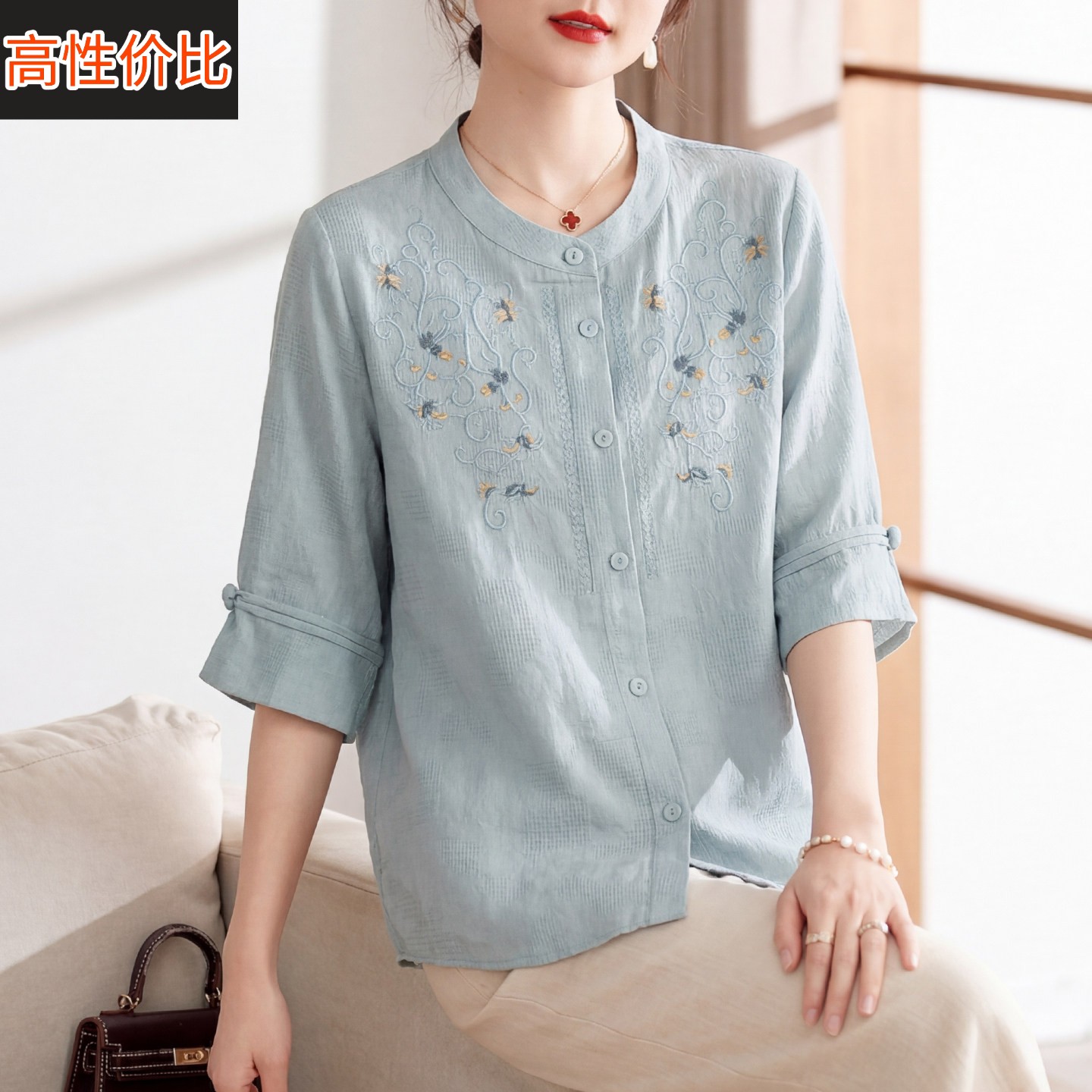 喜卉中年妈妈夏装纯棉短袖衬衫中老年女装夏季上衣服宽松舒适开衫