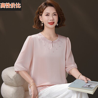 时尚中年T恤女圆领夏装桑蚕丝100%套装大尺码妈妈真丝纯色上衣薄