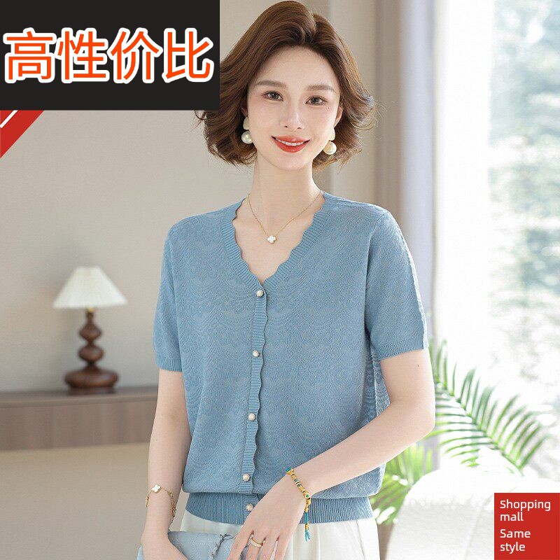 妈妈夏季桑蚕丝短袖t恤,时尚中老年妇女夏季丝绸宽松上衣