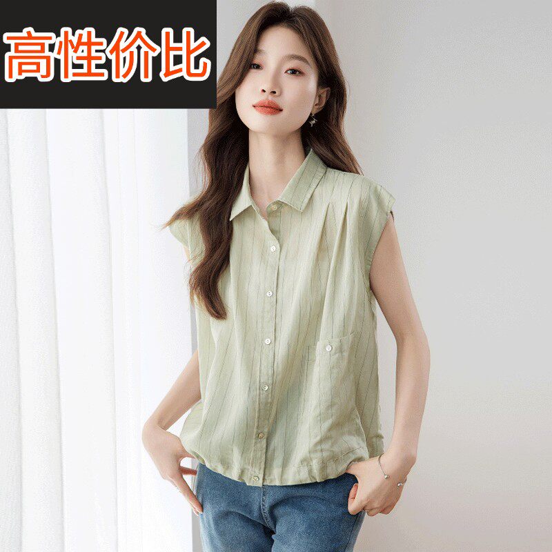 棉麻短袖衬衫女夏季2026爆款宽松显瘦条纹漂亮小衫高级感减龄上衣