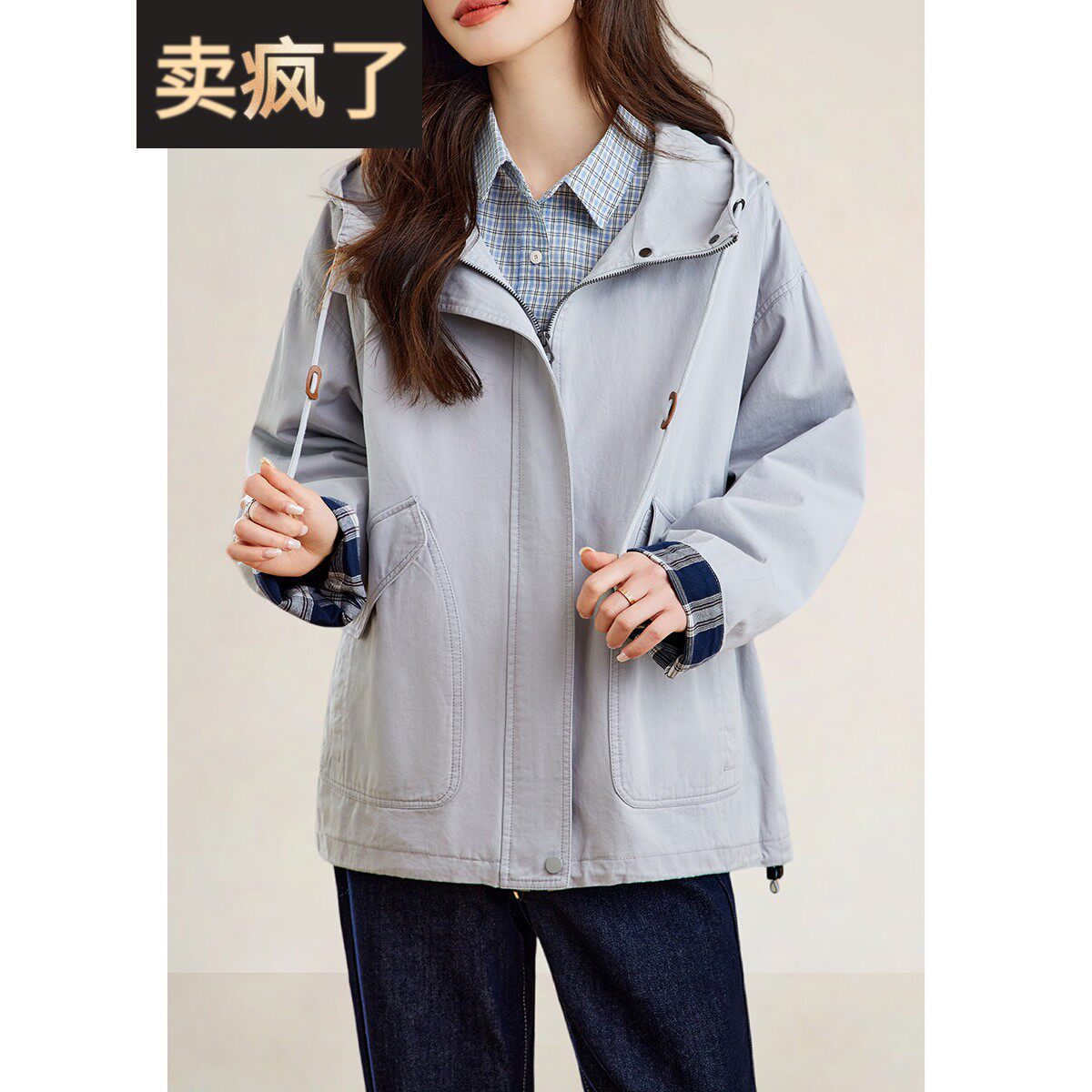 连帽宽松100%纯棉休闲风衣2025春装新款小个子口袋百搭时尚外套女