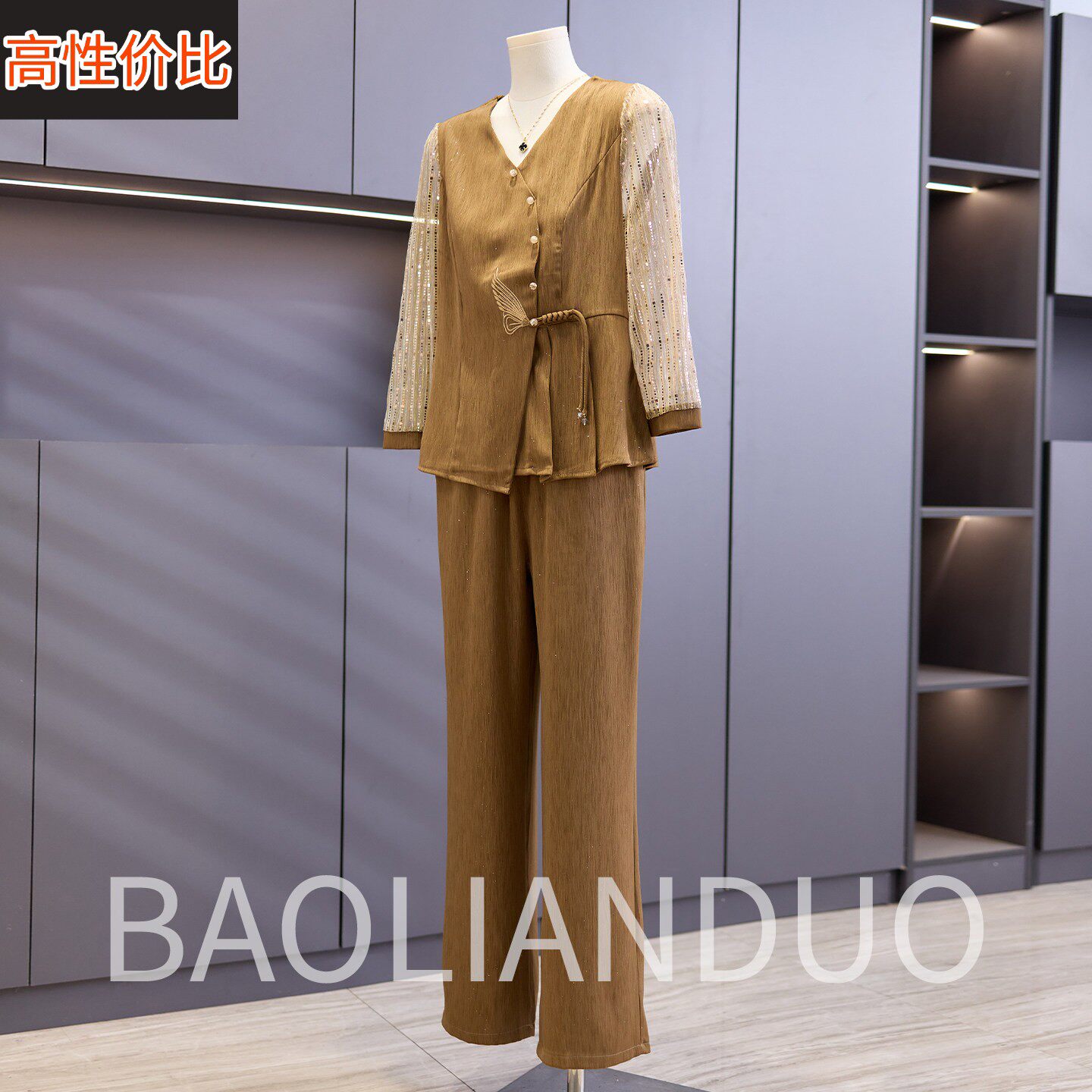 洋气妈妈春装七分袖上衣中年女装雪纺T恤衫中老年春秋气质两件套